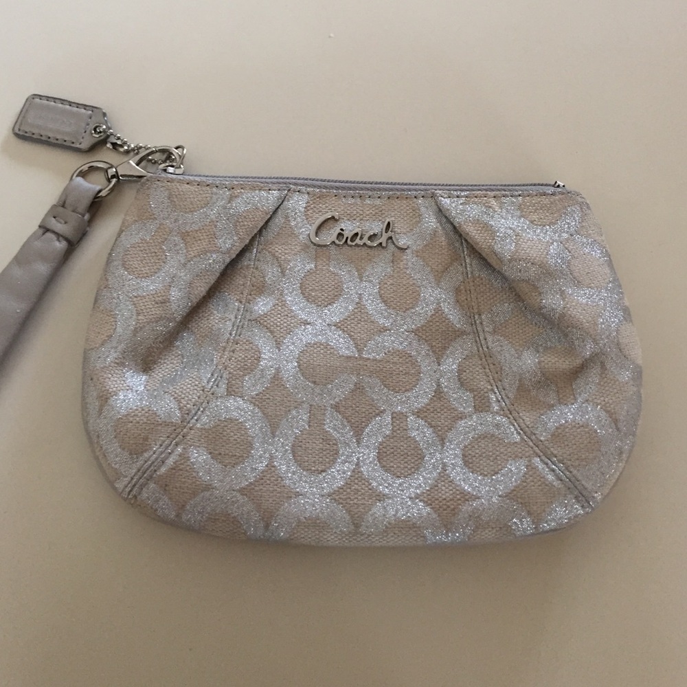 Coach Beige and Silver Signature Wristlet Clutch